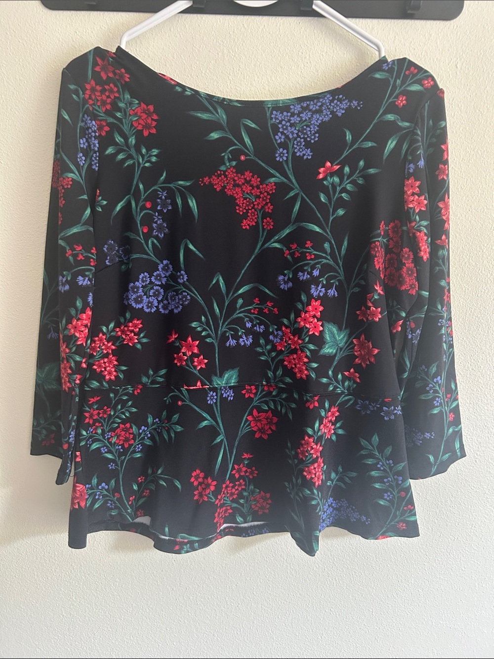 Charter Club PM  Black Floral 3/4 Sleeve Stretch Nylon Peplum Waist Pullover Top